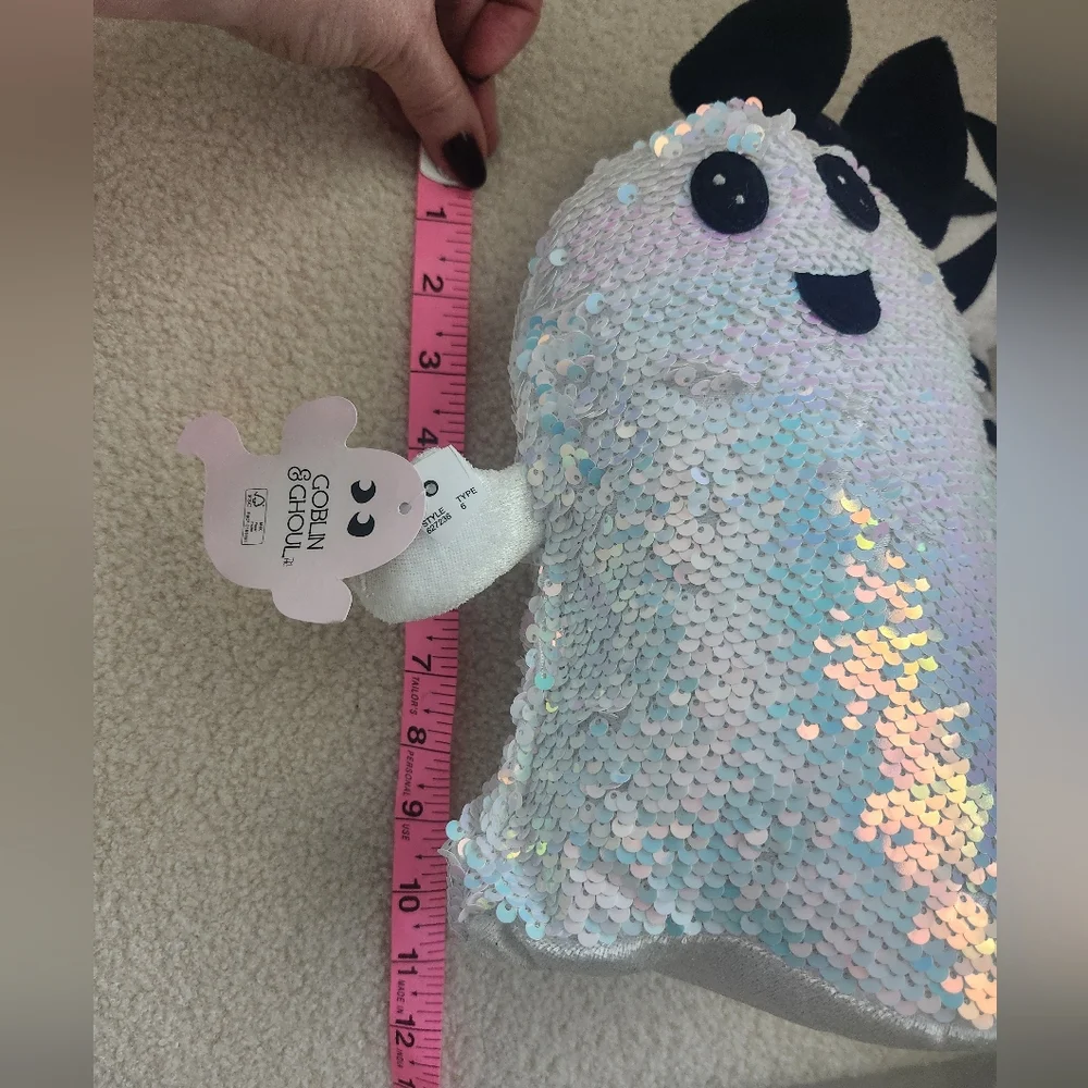 Goblin & Ghoul Sequin Ghost Pillow with Bow and Lollipop Weighted Bottom